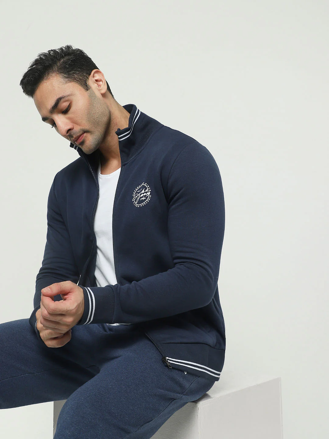 Blue Zip-Up Logo Print Sweatshirt