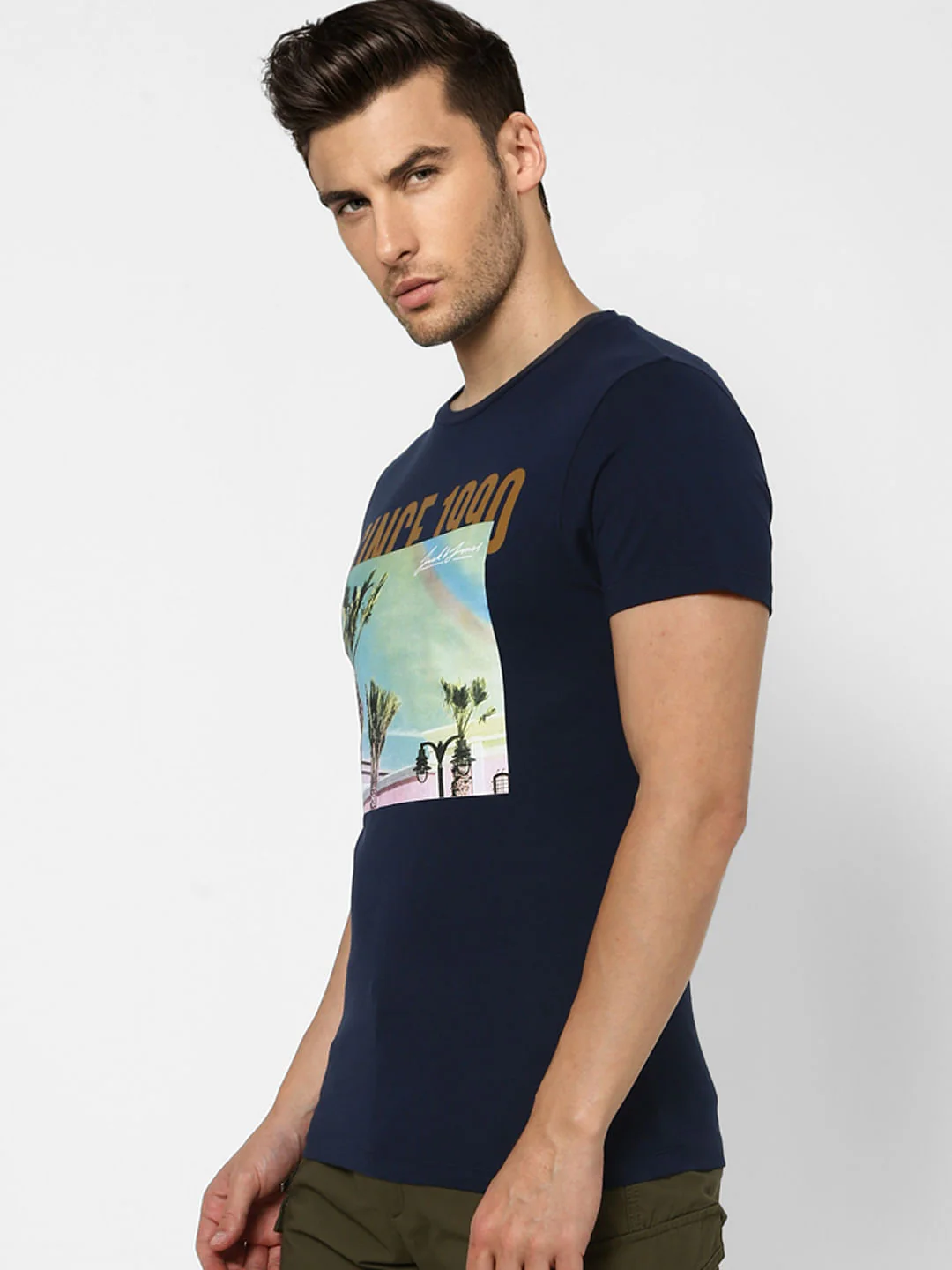 Navy Blue Graphic Print Crew Neck T-shirt - Image 3