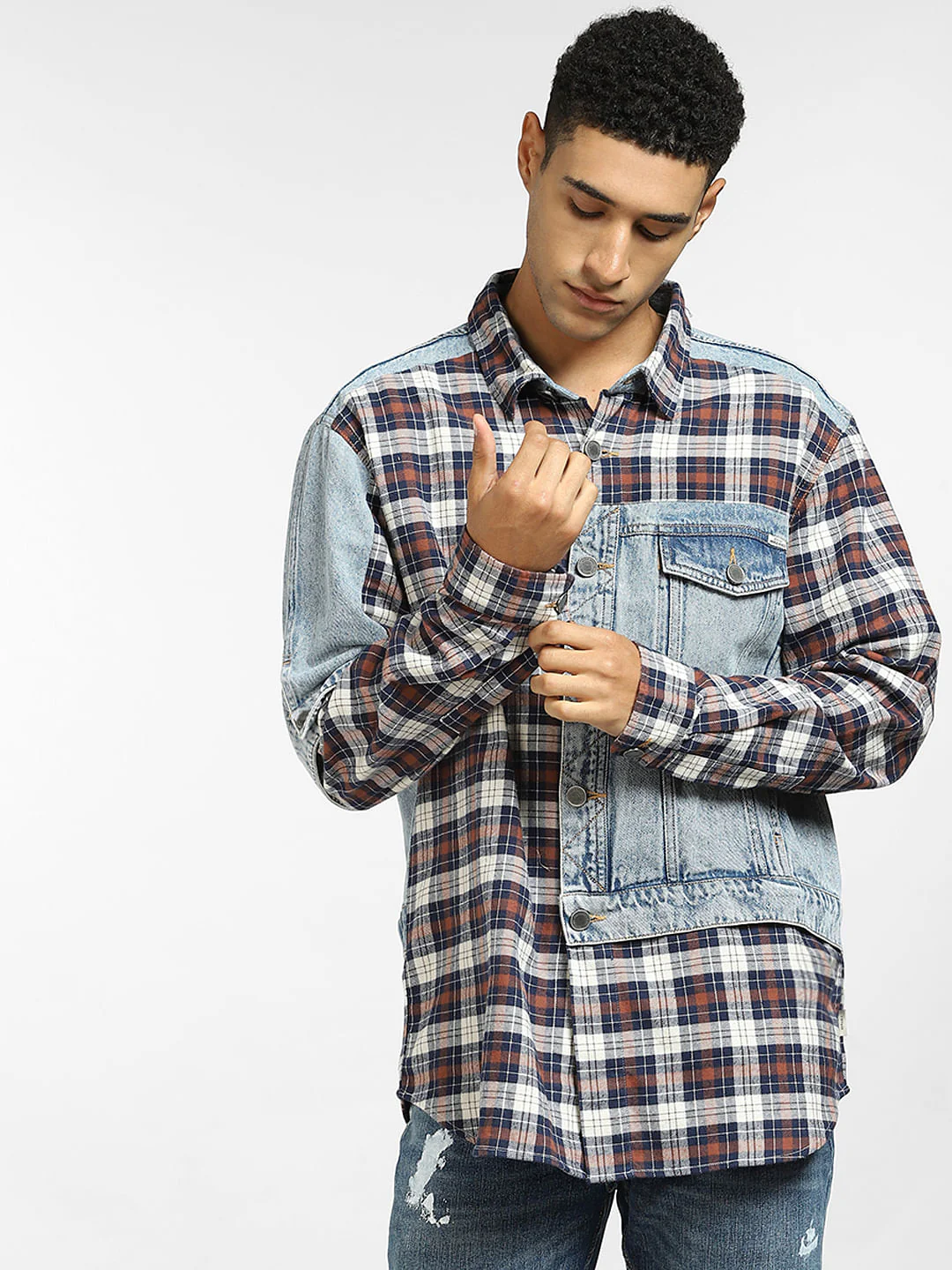 Brown Cut & Sew Denim Oversized Shirt - Image 2