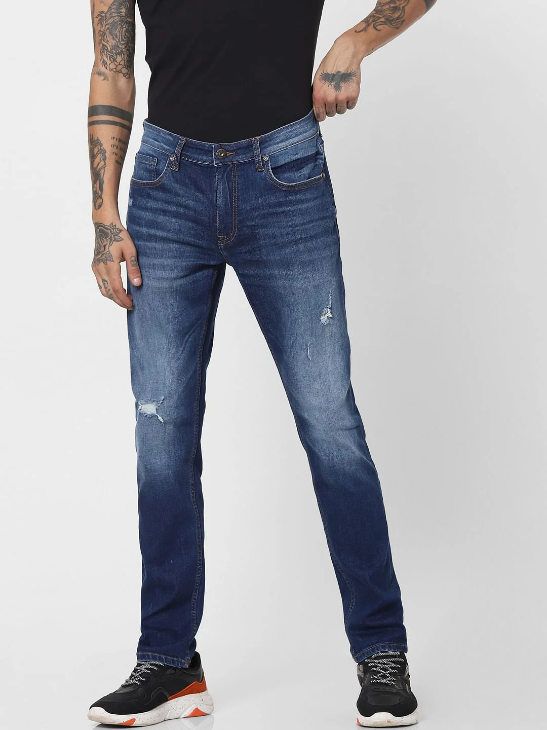 Blue Mid Rise Ripped Slim Jeans - Image 2