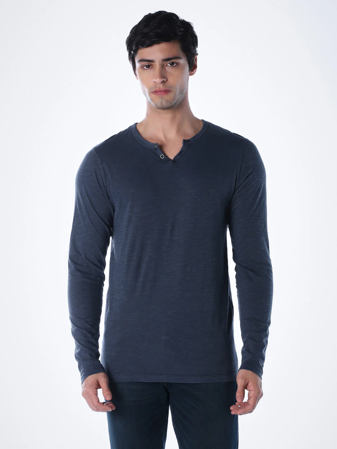 Split Neck Cotton T-shirt - Blue - Image 2