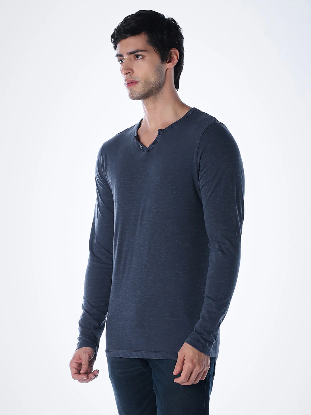 Split Neck Cotton T-shirt - Blue - Image 3