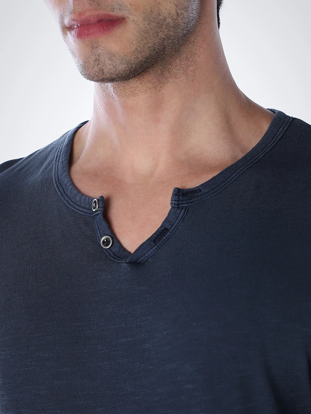Split Neck Cotton T-shirt - Blue - Image 5