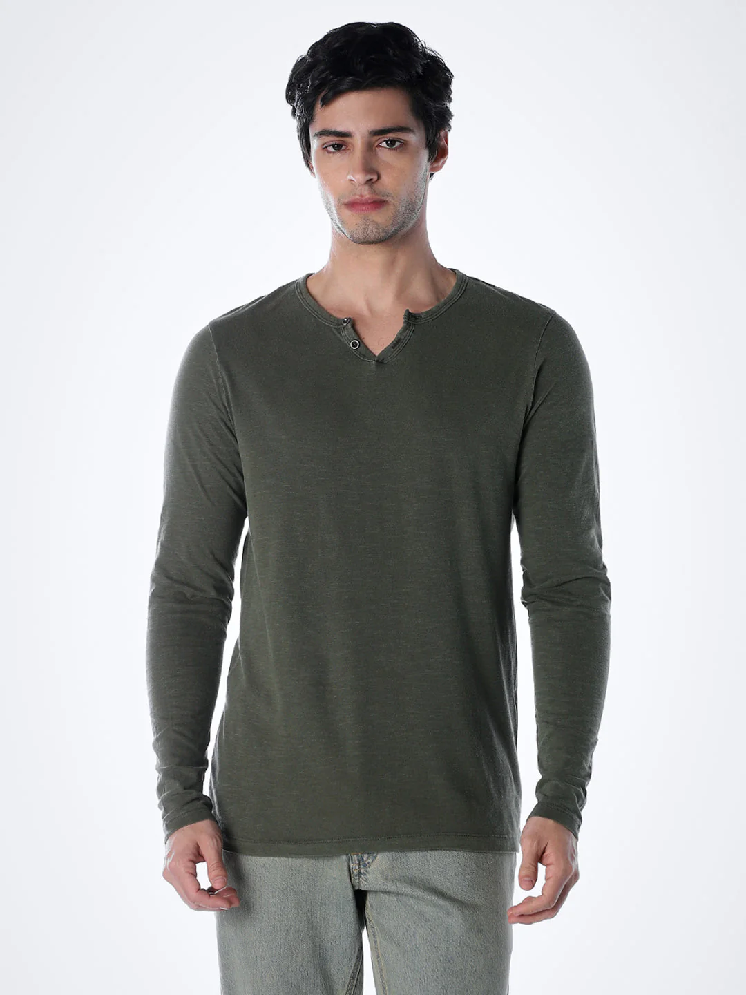 Split Neck Cotton T-shirt - Green - Image 2