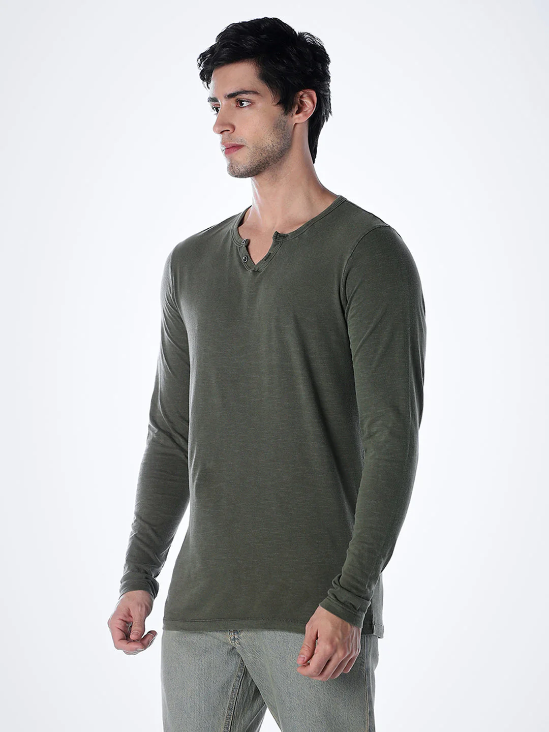 Split Neck Cotton T-shirt - Green - Image 3