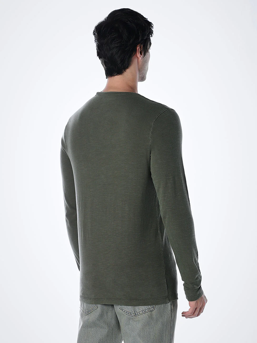 Split Neck Cotton T-shirt - Green - Image 4