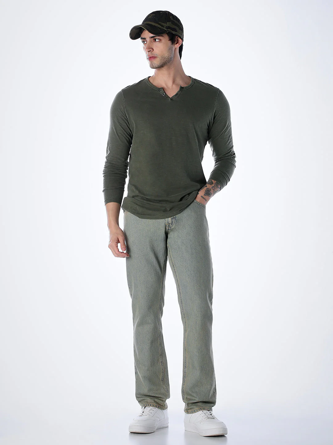 Split Neck Cotton T-shirt - Green - Image 6