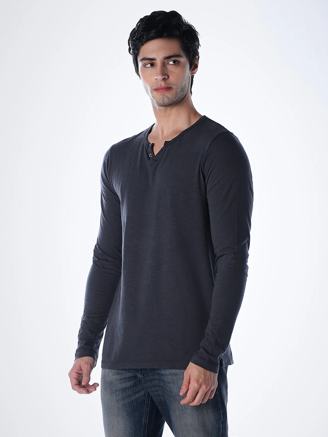 Split Neck Cotton T-shirt - Black - Image 3