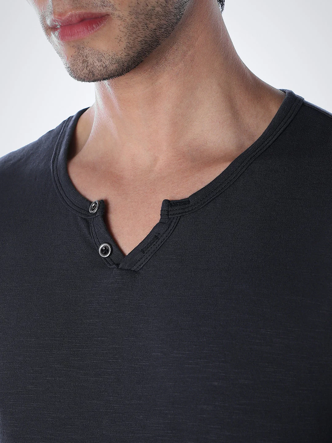 Split Neck Cotton T-shirt - Black - Image 5