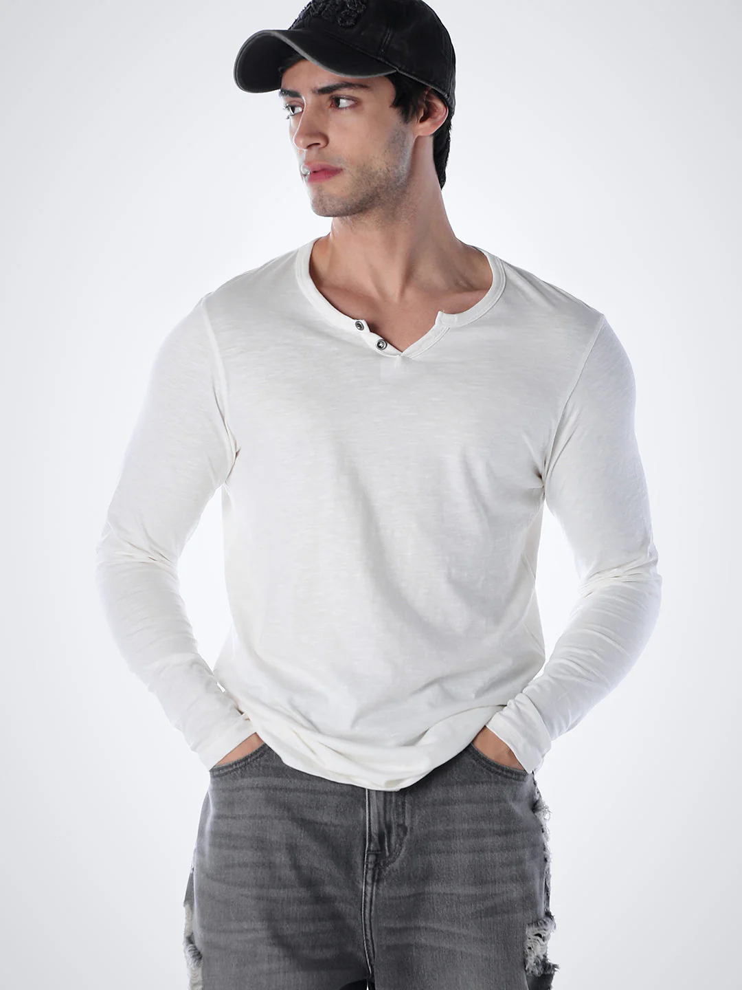 Split Neck Cotton T-shirt - White