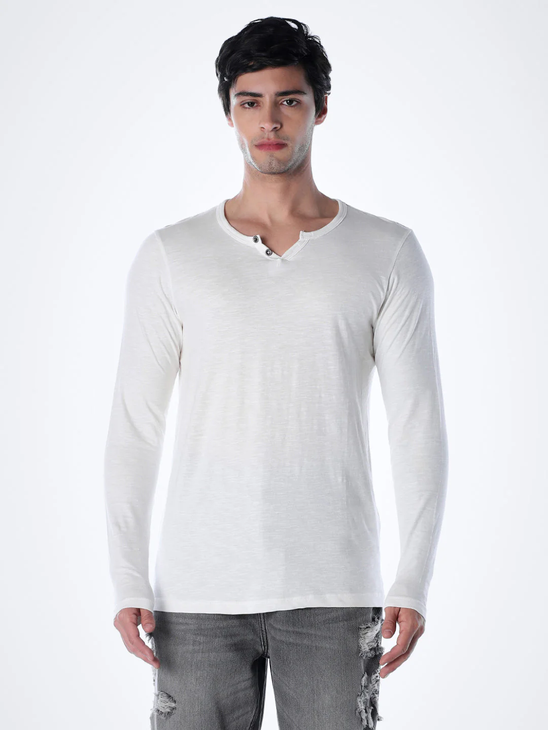 Split Neck Cotton T-shirt - White - Image 2