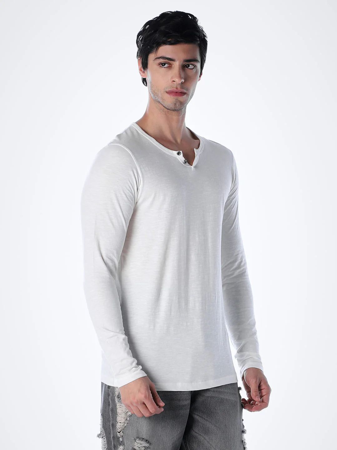 Split Neck Cotton T-shirt - White - Image 3