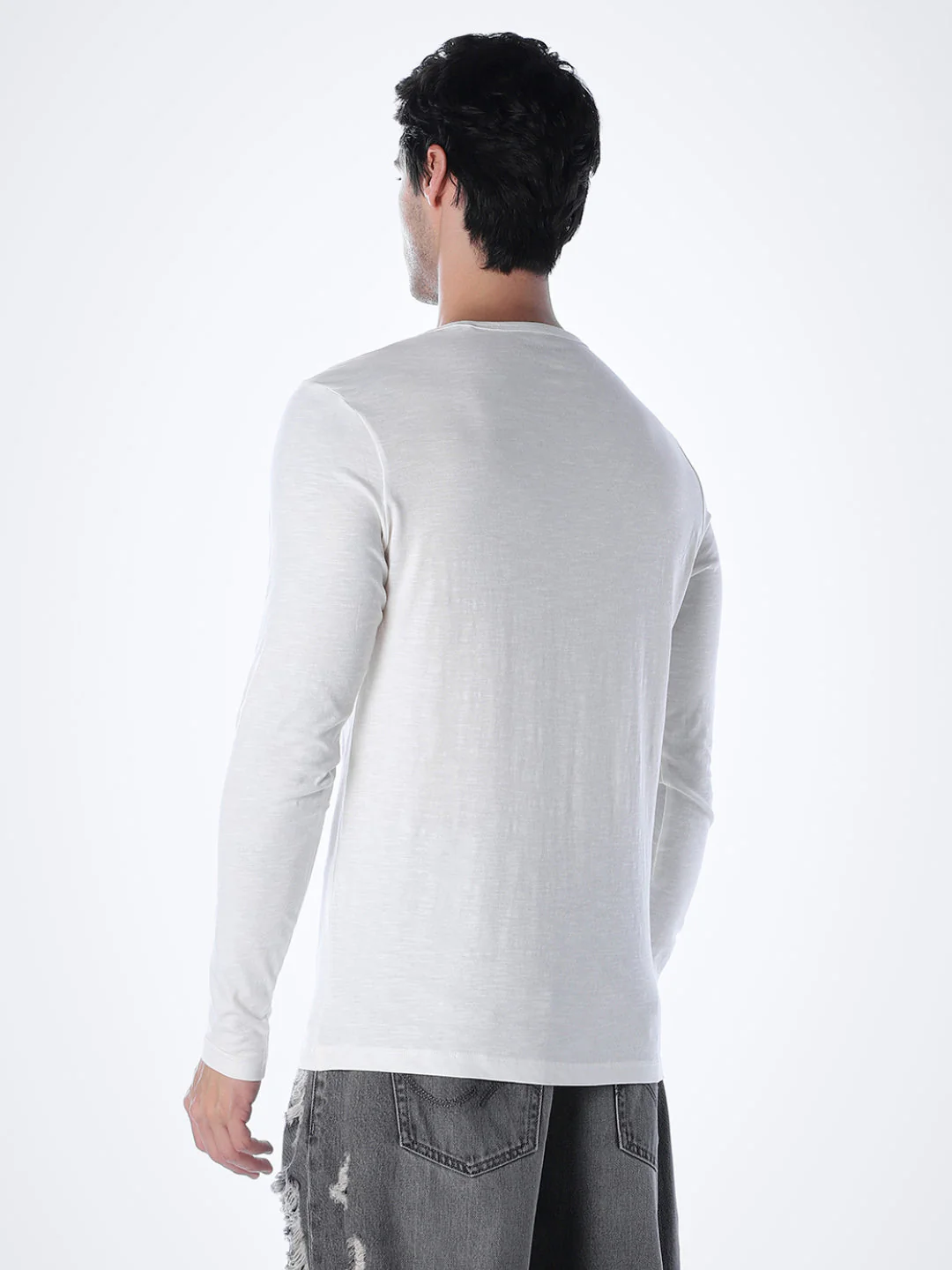Split Neck Cotton T-shirt - White - Image 4