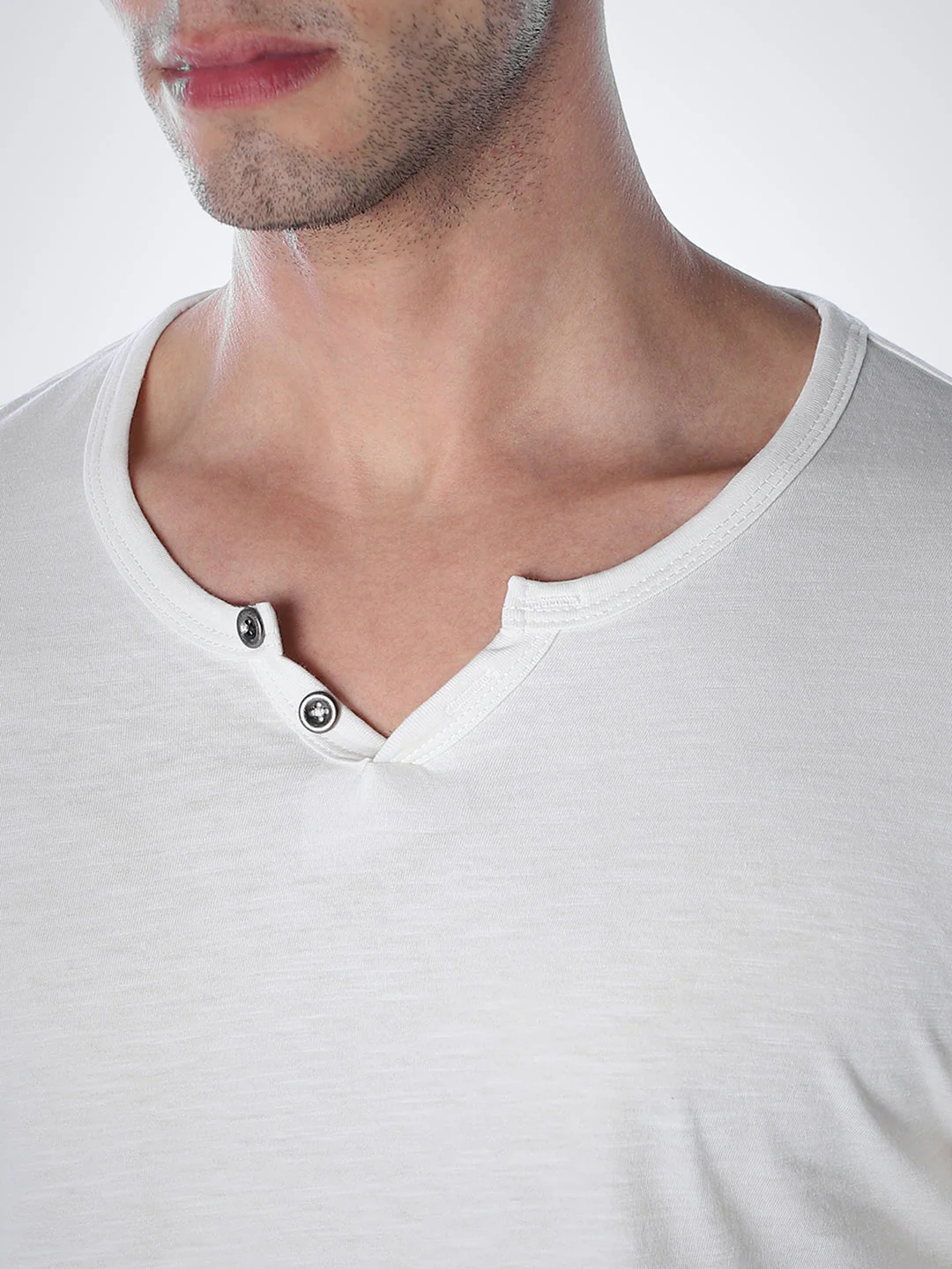 Split Neck Cotton T-shirt - White - Image 5