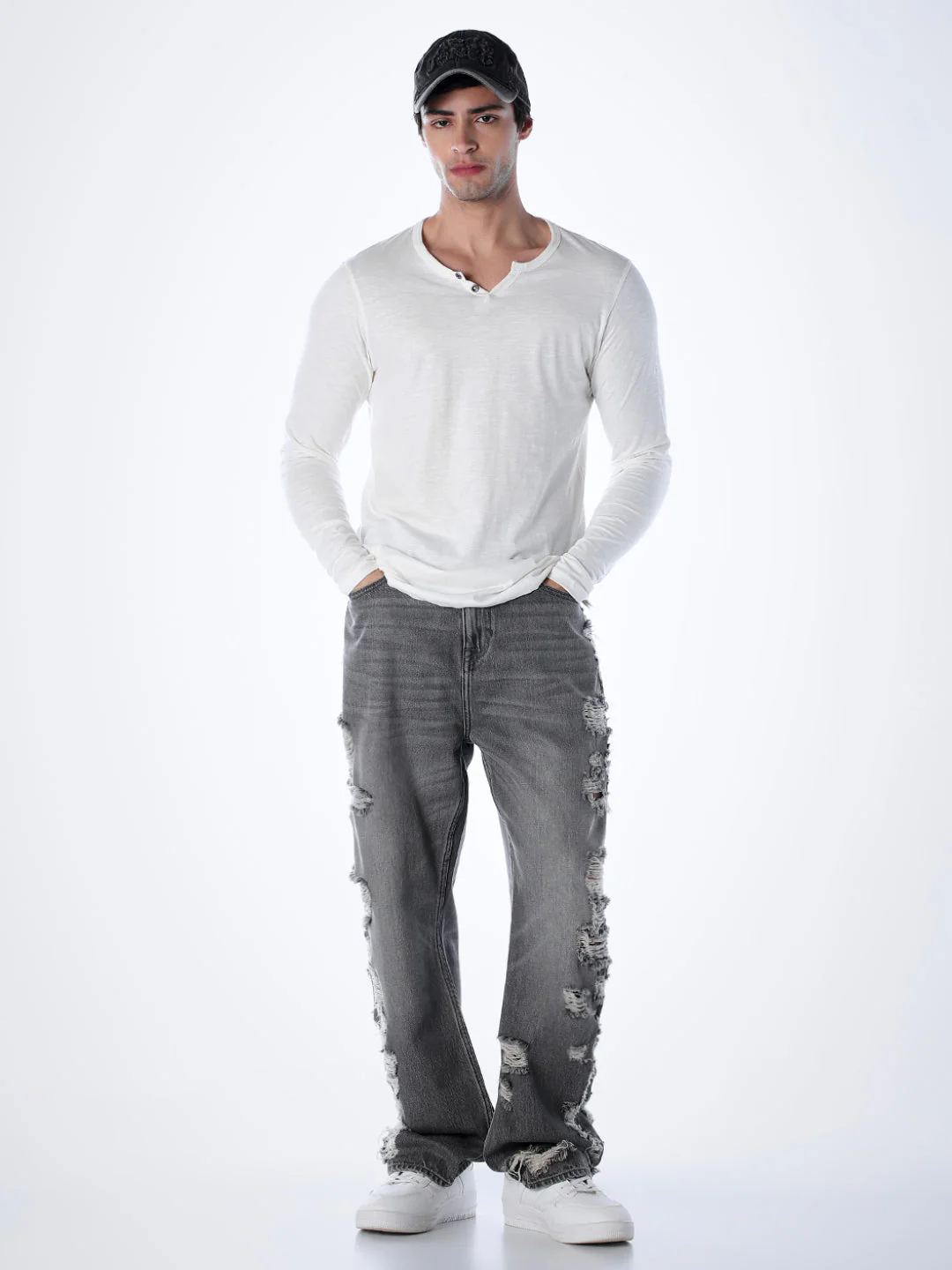 Split Neck Cotton T-shirt - White - Image 6