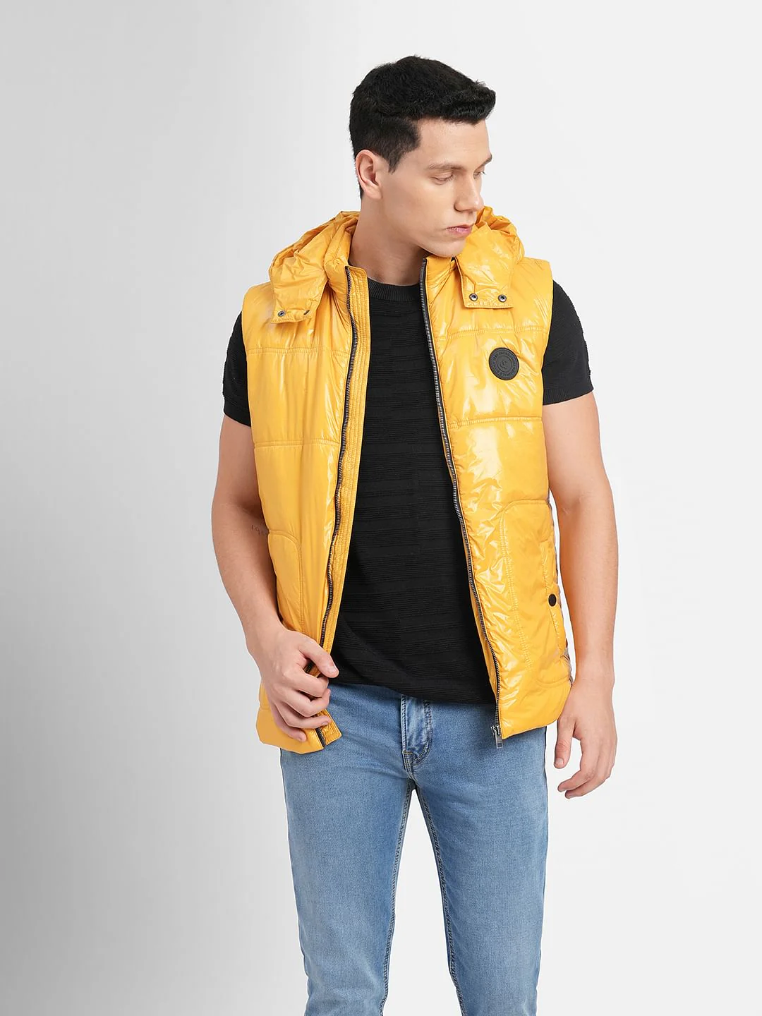 Yellow Hooded Puffer Vest Jacket - Image 2