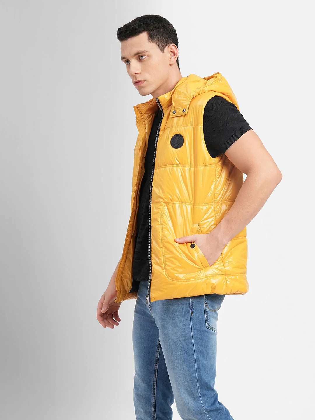 Yellow Hooded Puffer Vest Jacket - Image 3