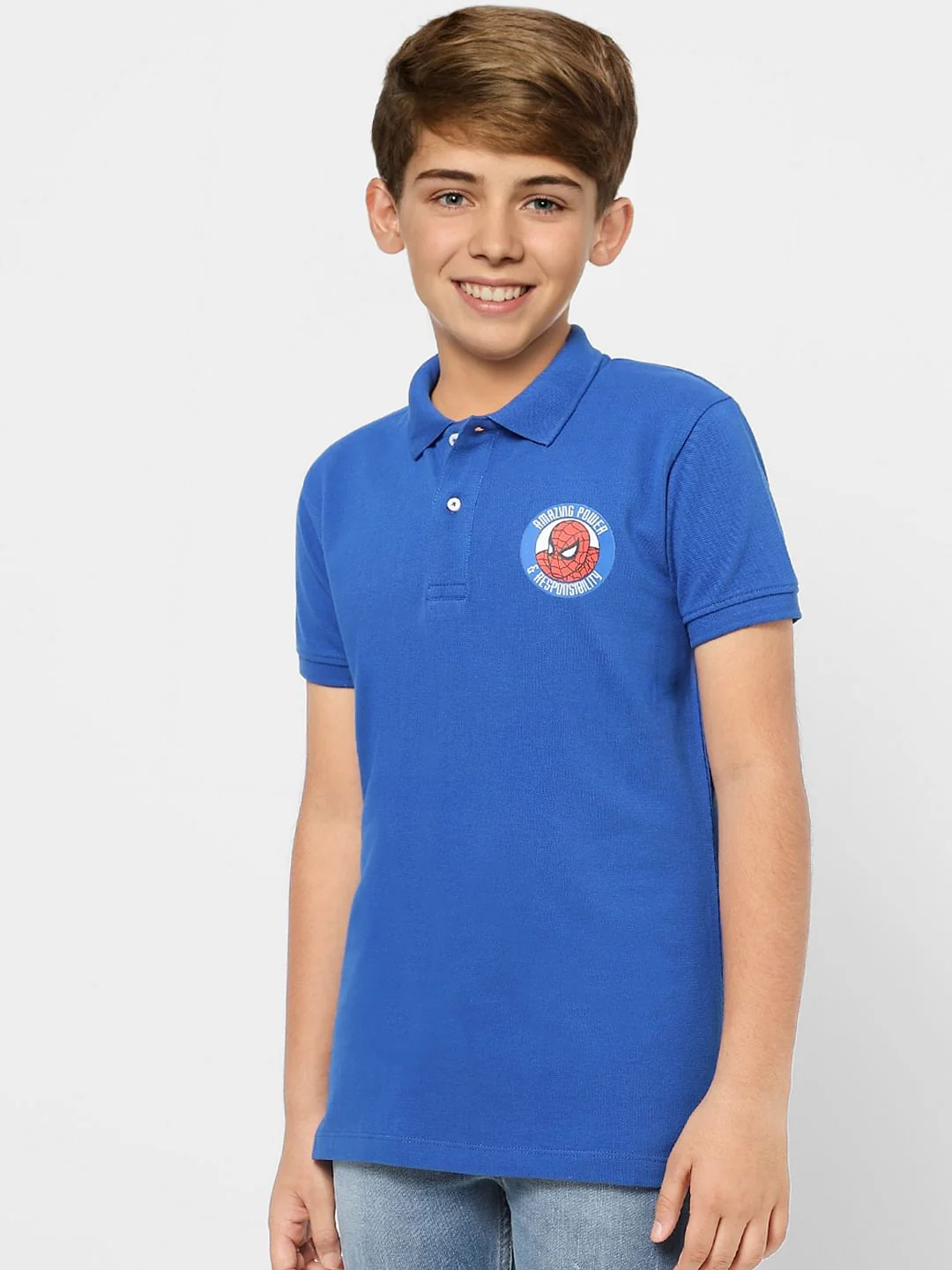 Boys Blue X Marvel Blue Spider Man Polo T-shirt - Image 3