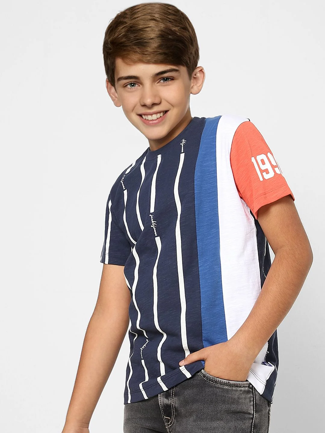 Boys Blue Striped Crew Neck T-shirt - Image 3
