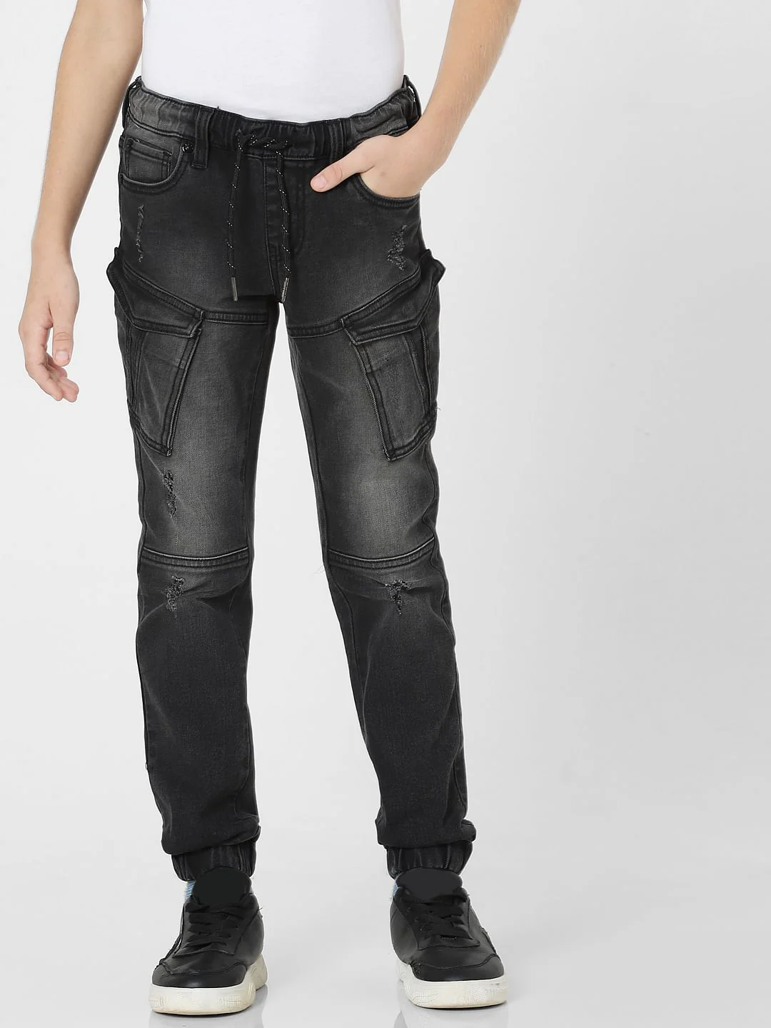 Boys Black Mid Rise Denim Joggers - Image 2