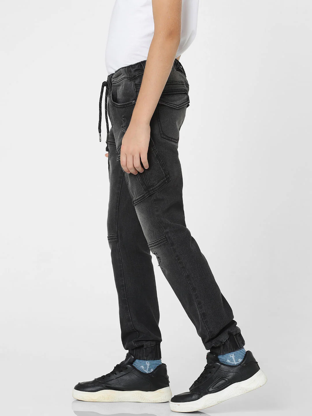 Boys Black Mid Rise Denim Joggers - Image 3