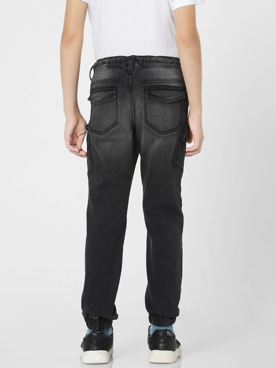 Boys Black Mid Rise Denim Joggers - Image 4