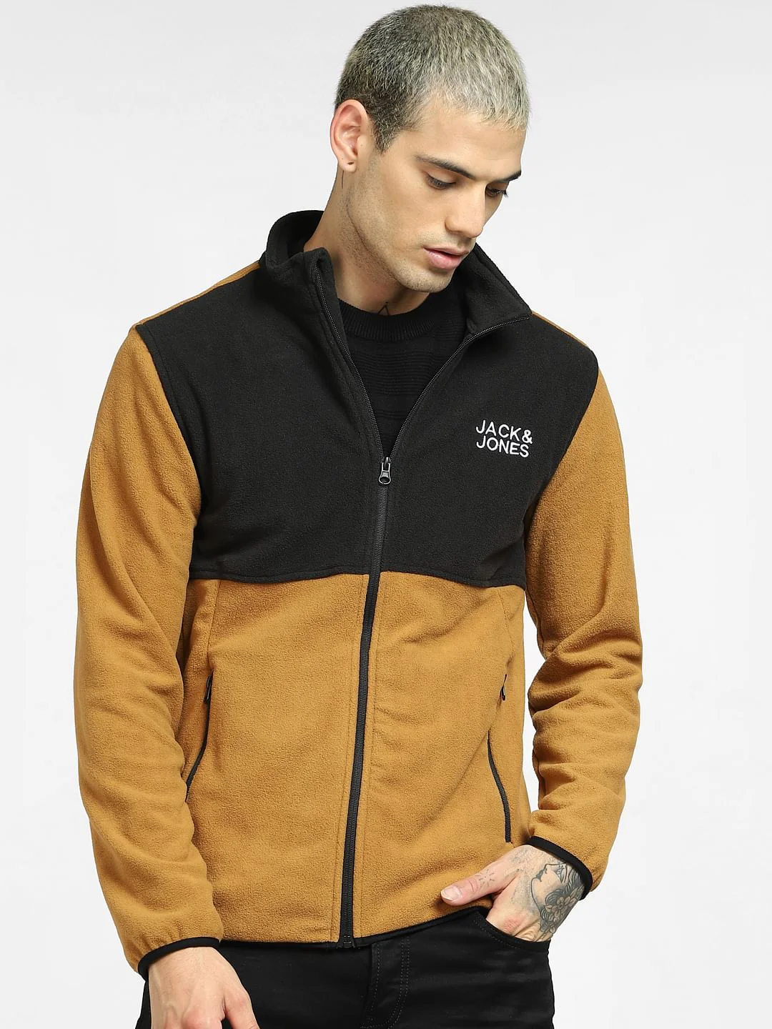 Brown Colourblocked Fleece Jacket - Image 2