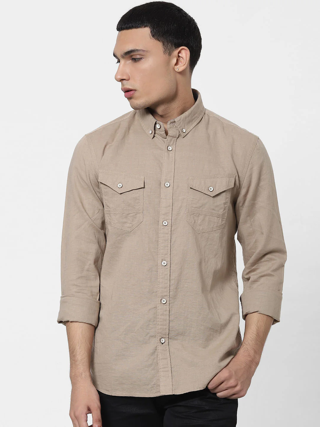 Beige Full Sleeves Washed Linen Shirt - Image 2