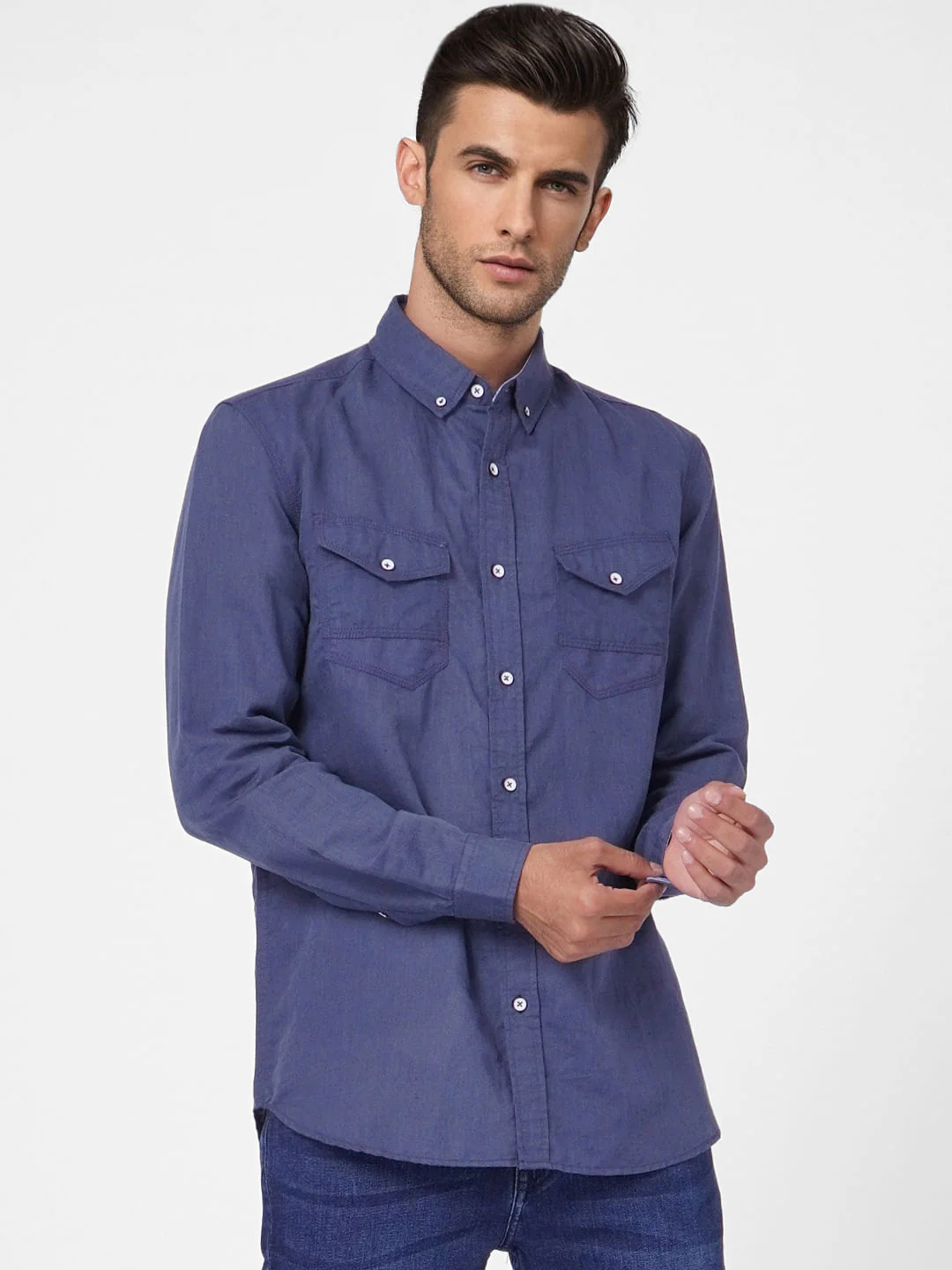 Blue Linen Blend Full Sleeves Shirt - Image 2