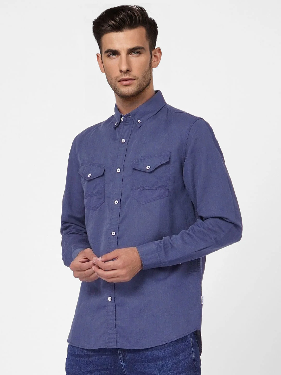 Blue Linen Blend Full Sleeves Shirt - Image 3