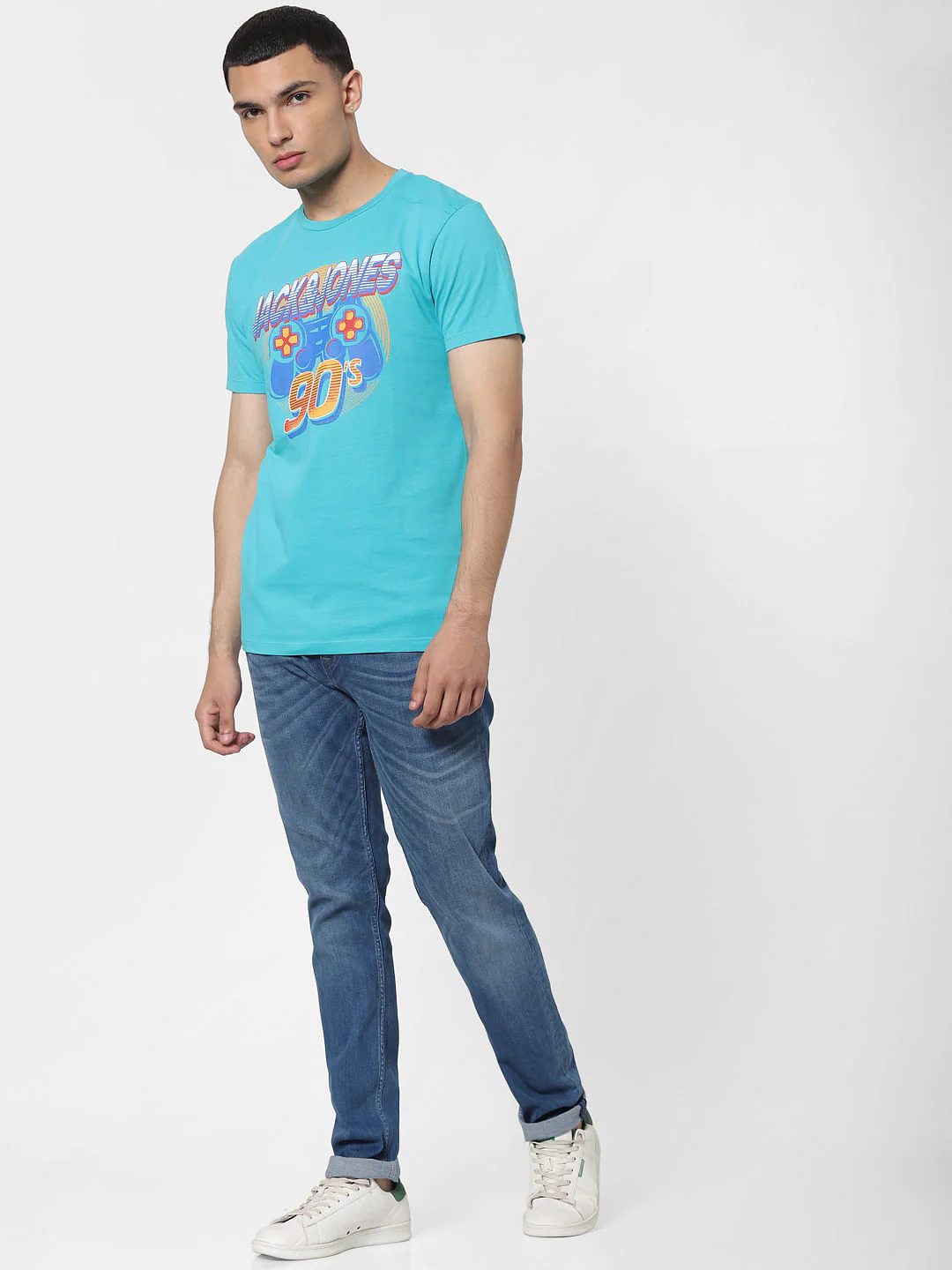Blue Graphic Print Crew Neck T-shirt - Image 6