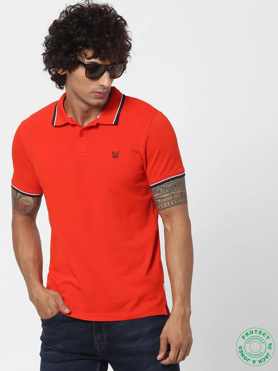 Red Contrast Tipping Polo Neck T-shirt