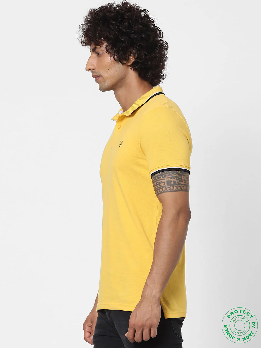 Yellow Contrast Tipping Polo Neck T-shirt - Image 3