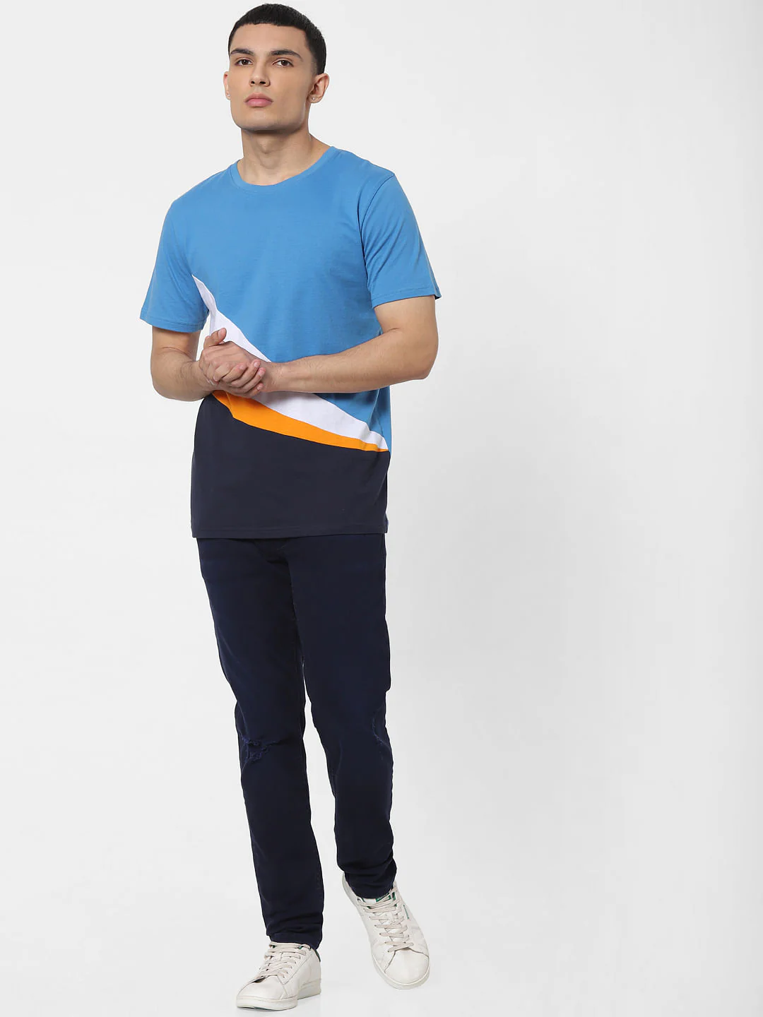 Blue Colourblocked Crew Neck T-shirt - Image 6