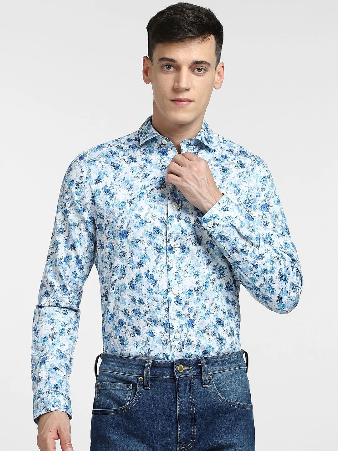 Blue Floral Print Full Sleeves Shirt - Image 2