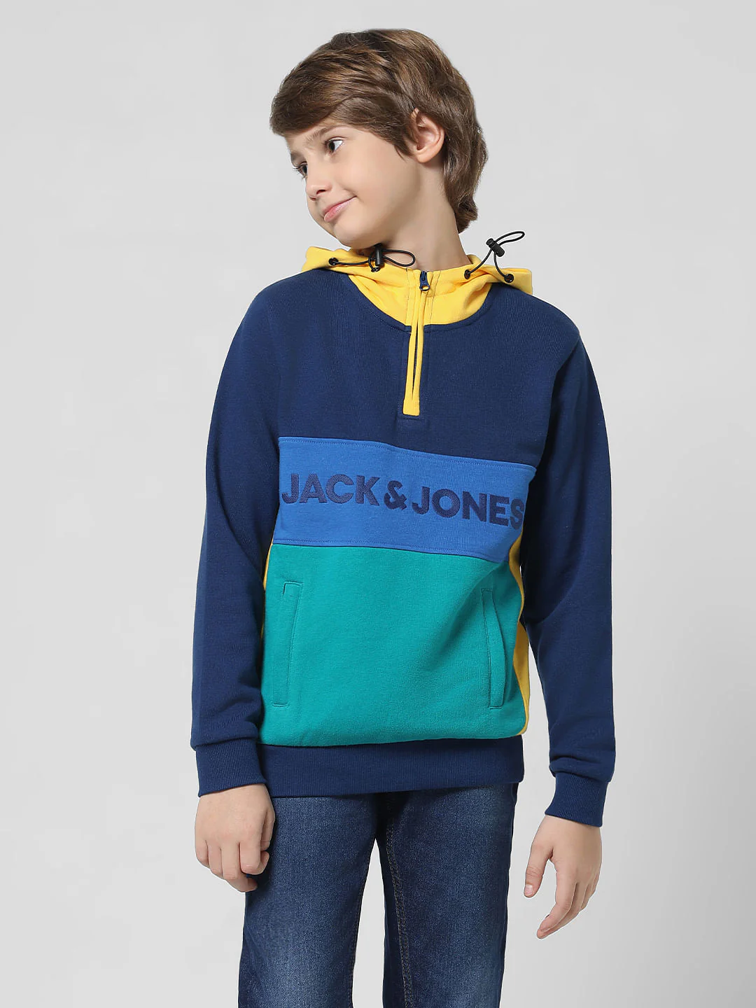 JACK&JONES JUNIOR X MOTOR MUNCHKINS BLUE COLOURBLOCKED HOODED SWEATSHIRT - Image 2