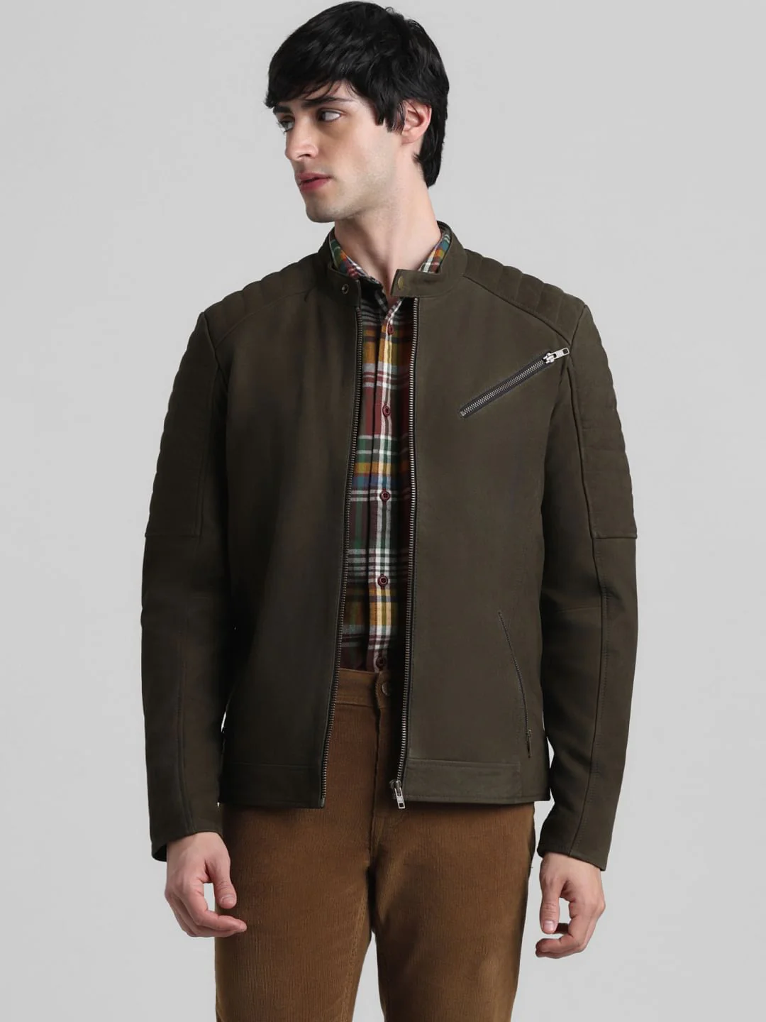 Olive Zip-Up Leather Jacket - Image 2