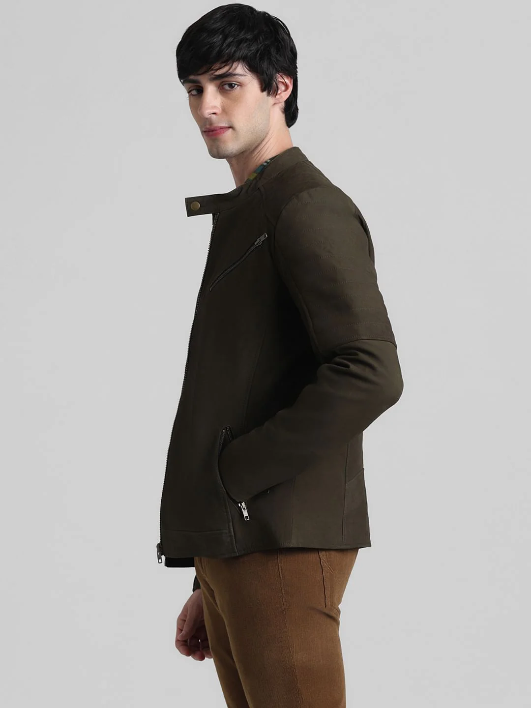 Olive Zip-Up Leather Jacket - Image 3