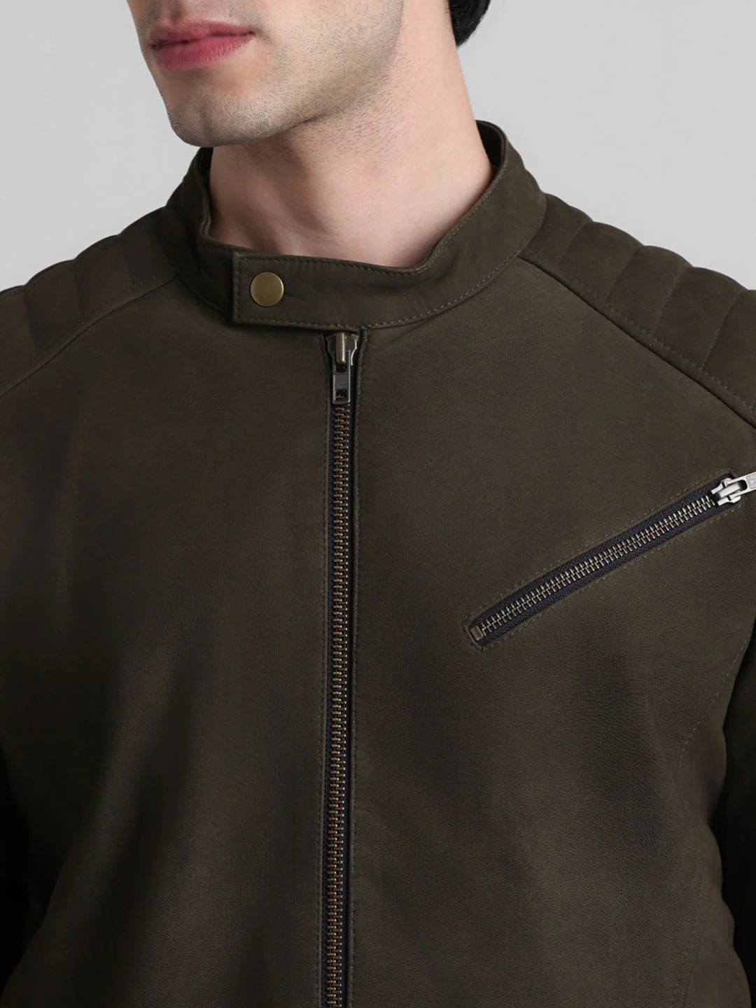 Olive Zip-Up Leather Jacket - Image 5