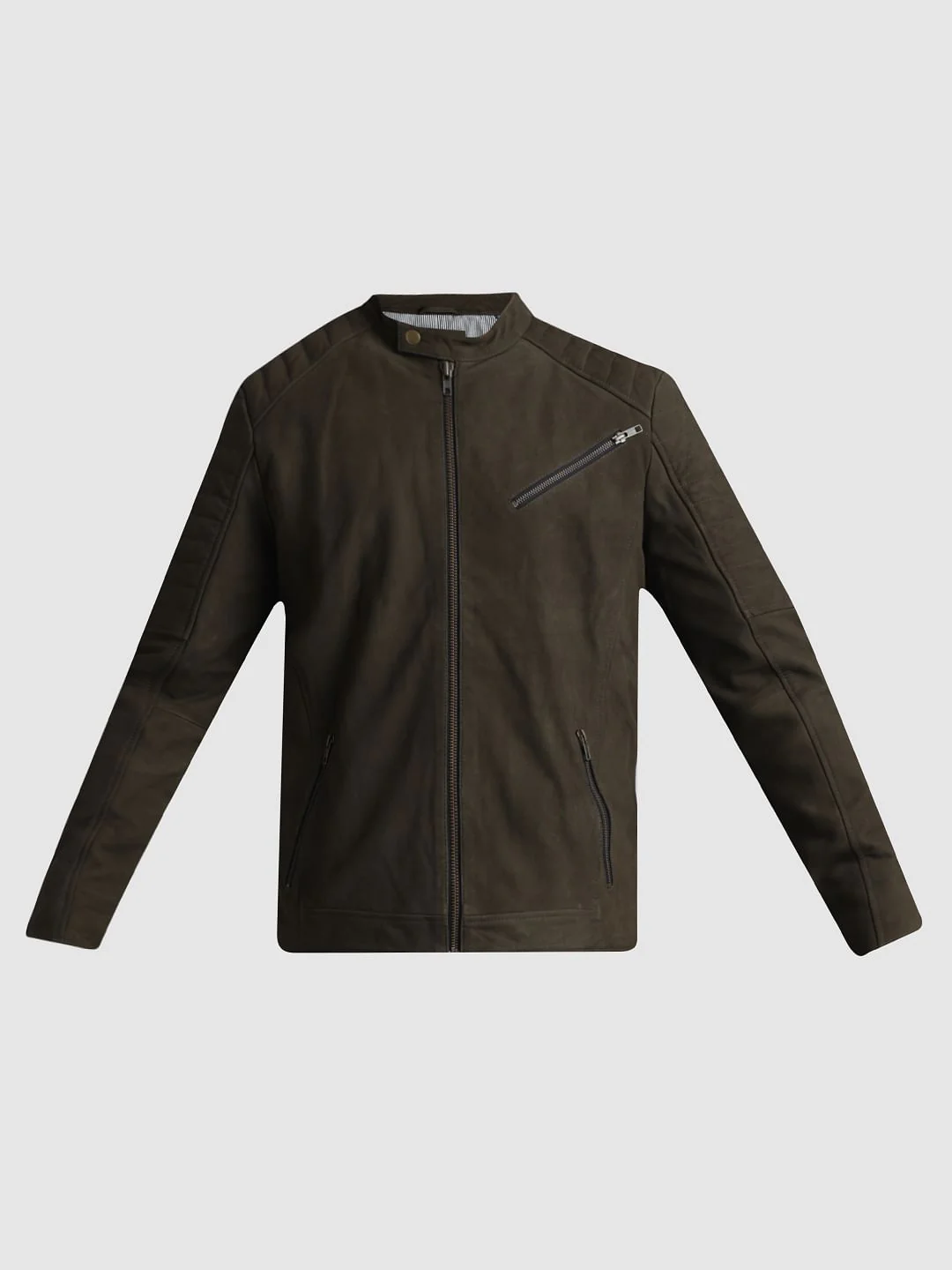 Olive Zip-Up Leather Jacket - Image 7