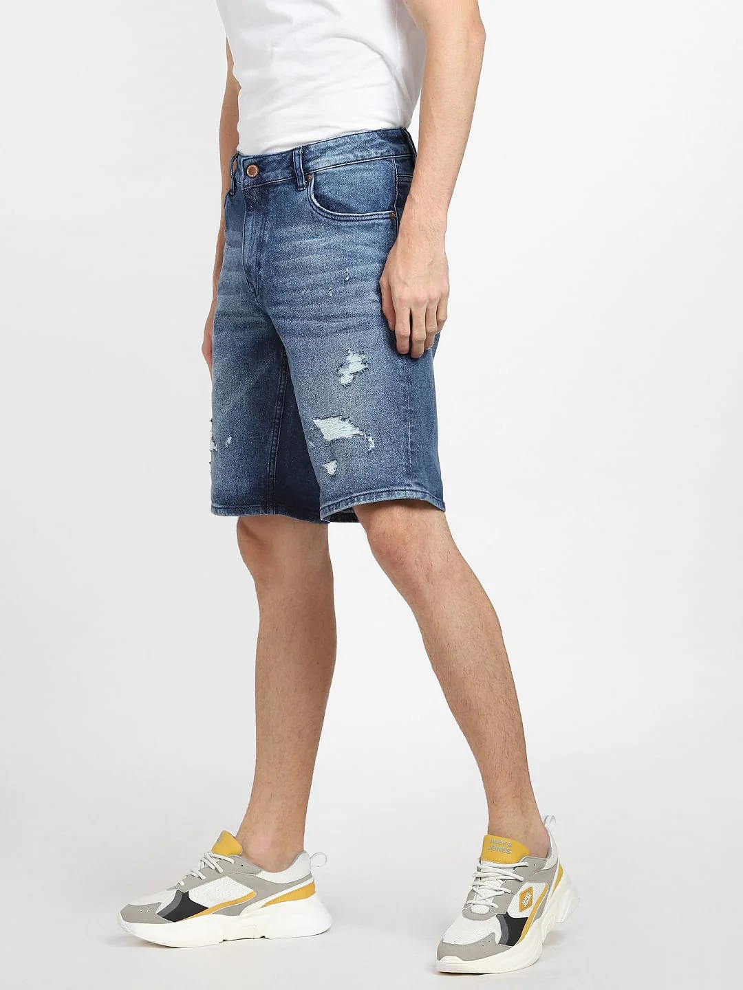 Blue Low Rise Distressed Denim Shorts - Image 3