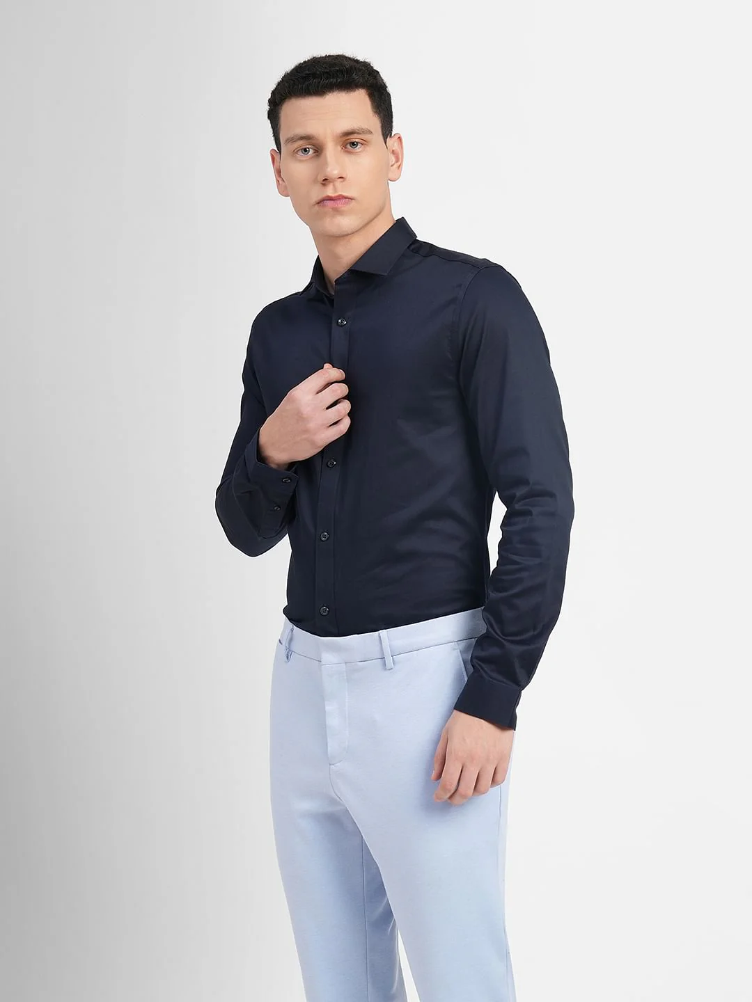 Cotton Stretch Slim Fit Shirt - Navy Blue - Image 3