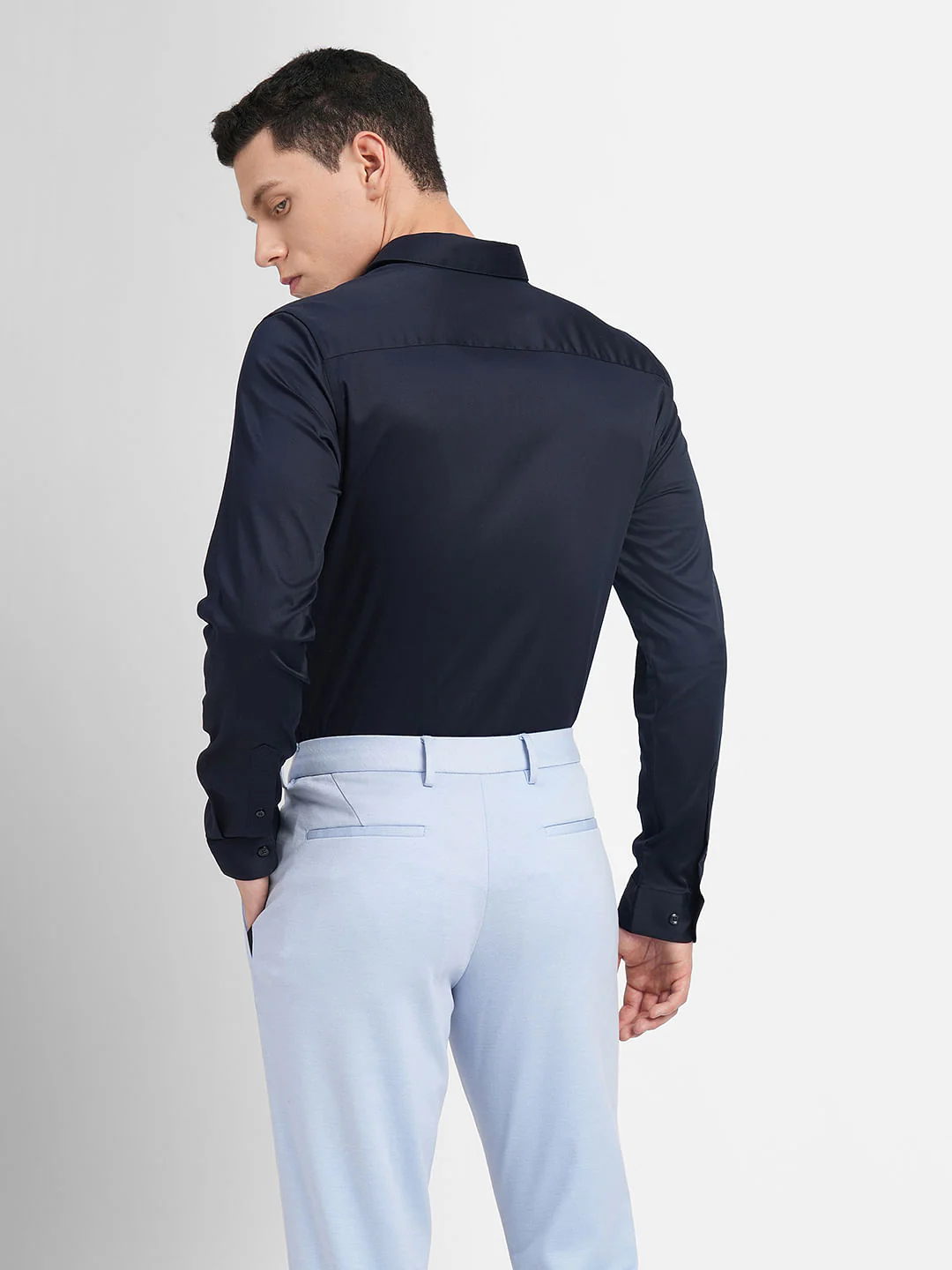 Cotton Stretch Slim Fit Shirt - Navy Blue - Image 4