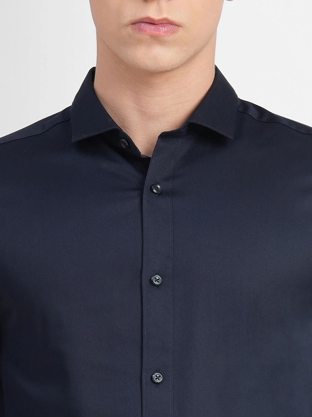 Cotton Stretch Slim Fit Shirt - Navy Blue - Image 5