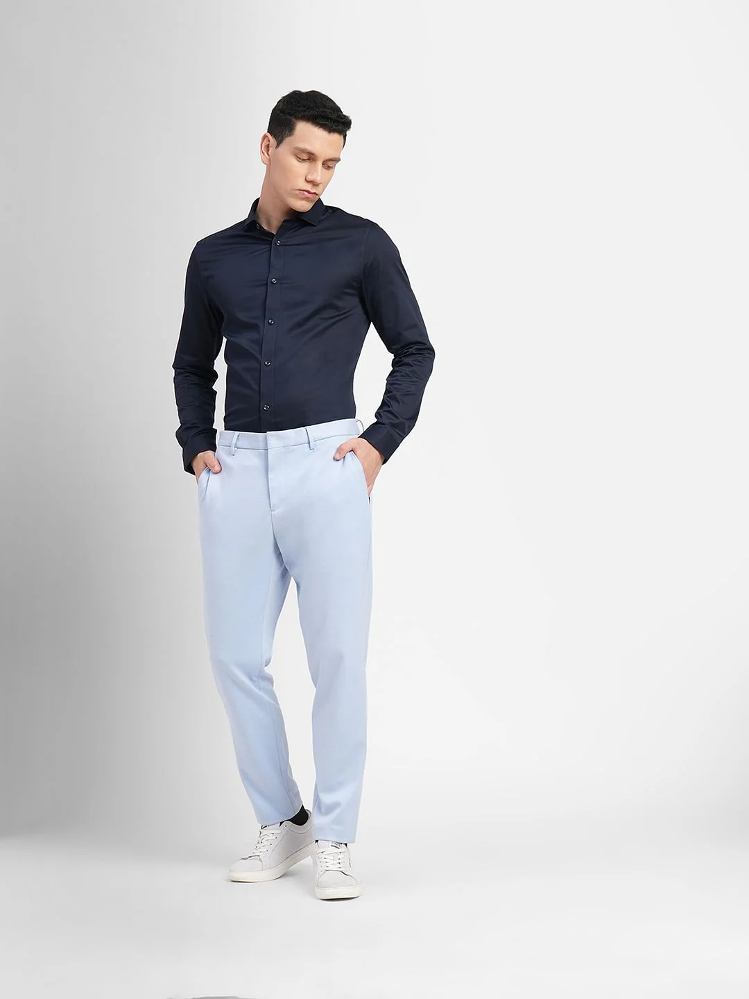 Cotton Stretch Slim Fit Shirt - Navy Blue - Image 6