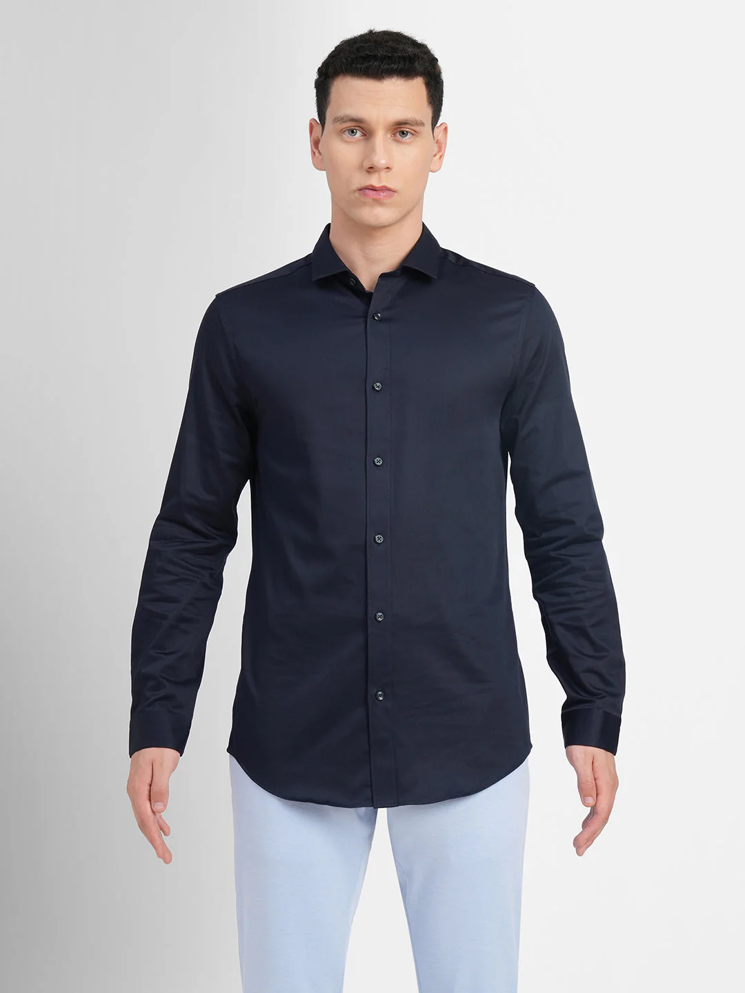 Cotton Stretch Slim Fit Shirt - Navy Blue - Image 7