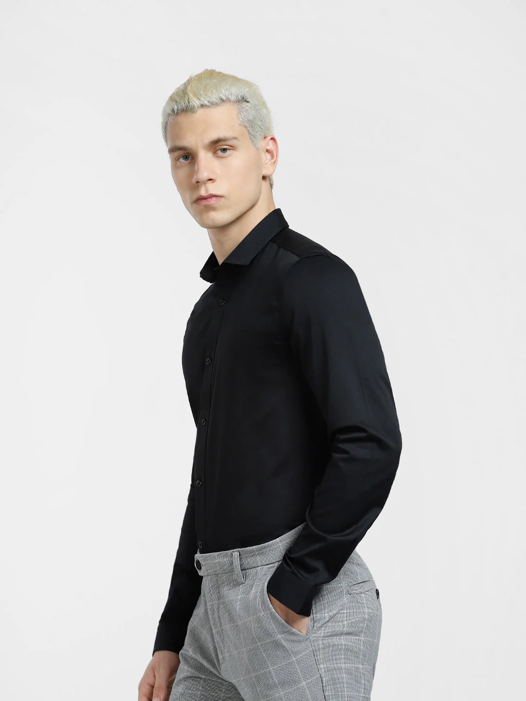 Cotton Stretch Slim Fit Shirt - Black - Image 3