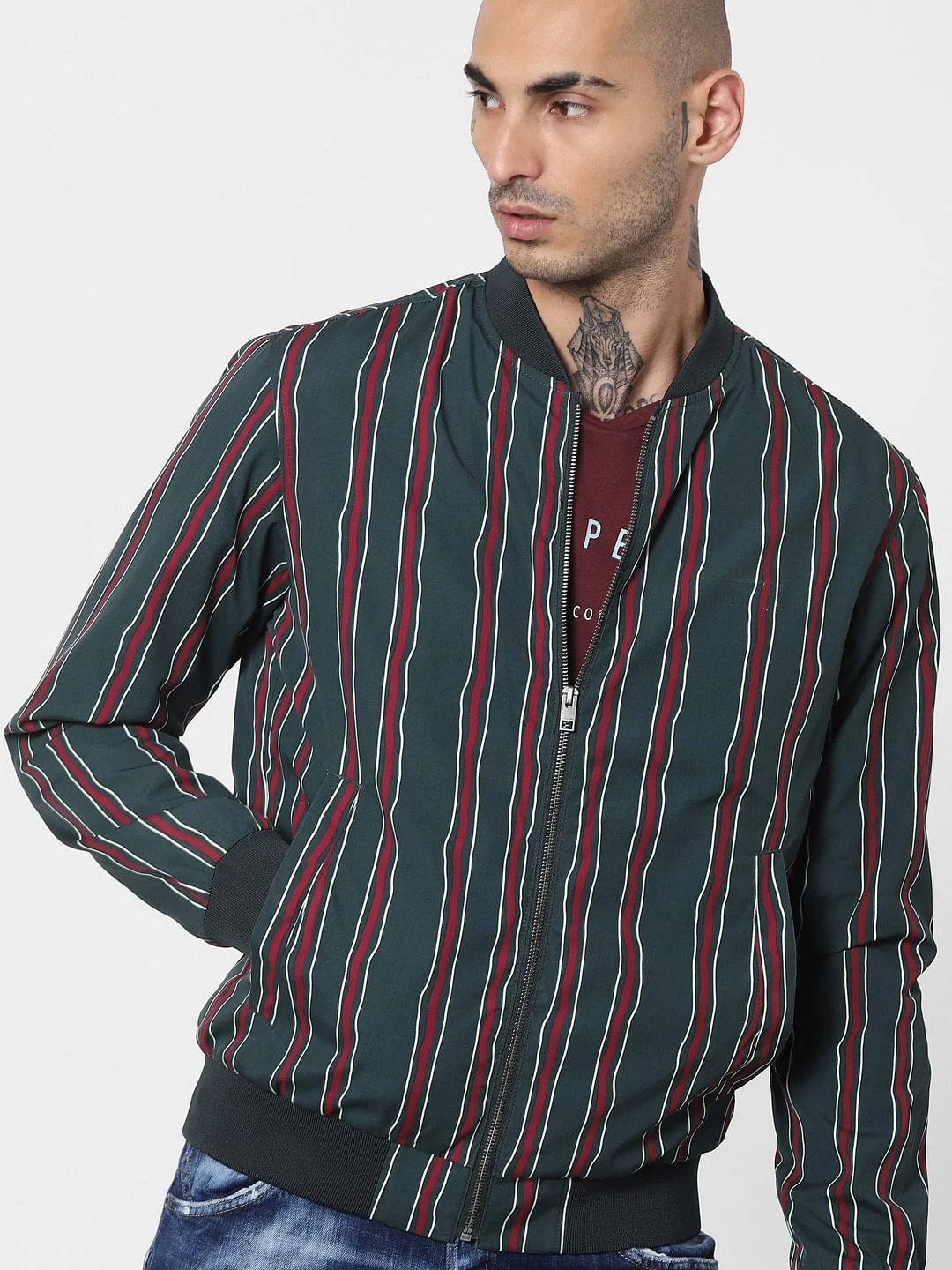 Green Striped Bomber Jacket