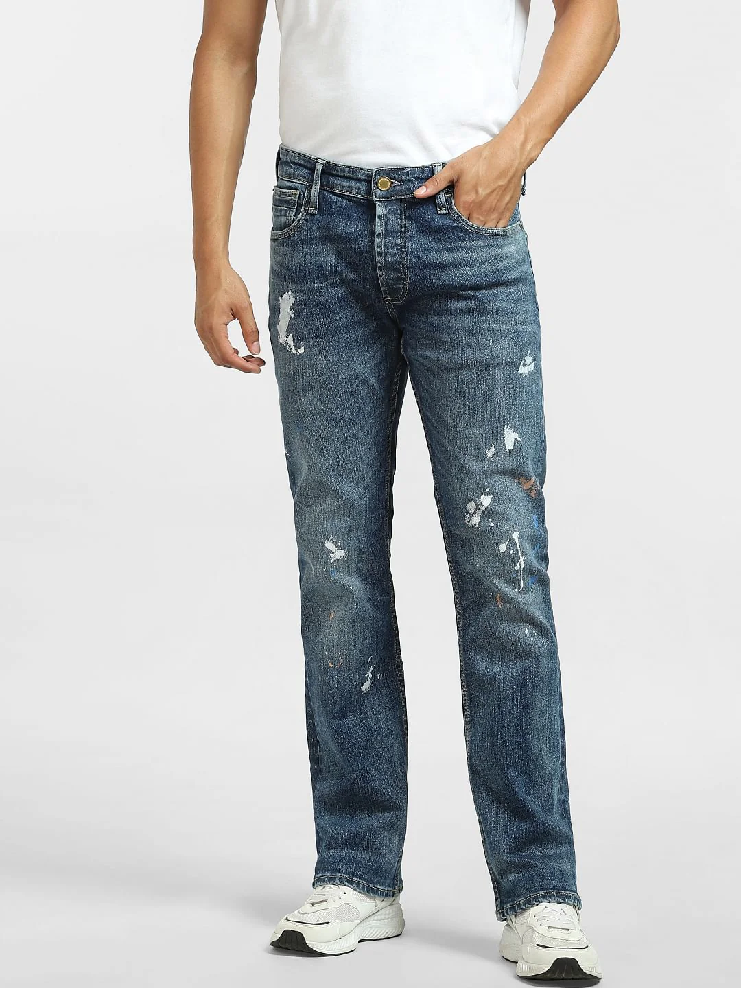 Blue Mid Rise Paint Detail Regular Jeans - Image 2