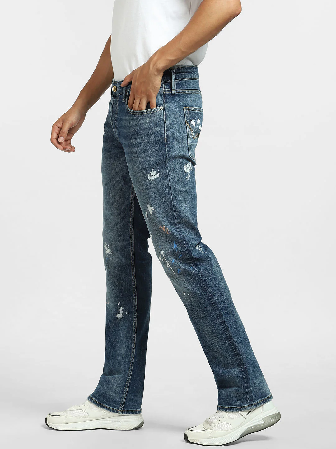Blue Mid Rise Paint Detail Regular Jeans - Image 3